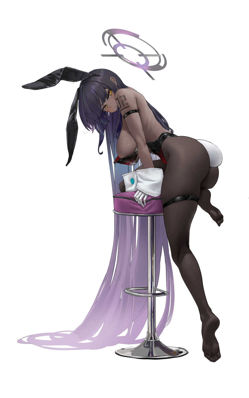 1girl absurdres animal_ear_hairband animal_ears arm_strap arm_tattoo ass b-pang black_hair black_leotard black_pantyhose blue_archive breasts commentary dark-skinned_female dark_skin fake_animal_ears fake_tail feet from_side gradient_hair hairband halo highres huge_breasts karin_(blue_archive) karin_(bunny)_(blue_archive) leotard long_hair looking_at_viewer looking_to_the_side multicolored_hair no_shoes number_tattoo oversized_clothes pantyhose playboy_bunny purple_hair rabbit_ear_hairband rabbit_ears rabbit_tail sideboob simple_background soles solo stool straight_hair strapless strapless_leotard tail tattoo thick_thighs thigh_strap thighs toes very_long_hair white_background wrist_cuffs