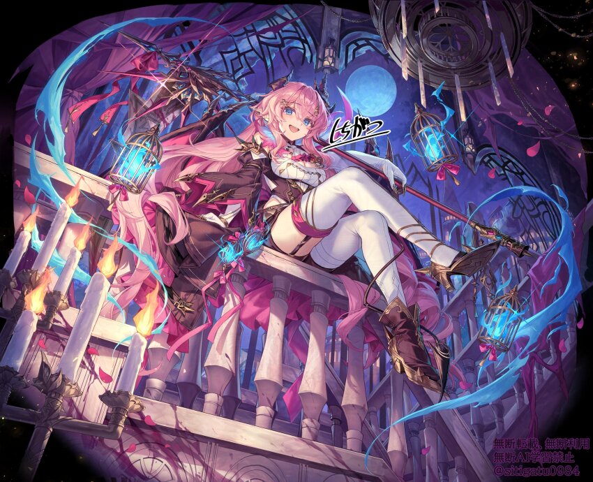 1girl :d absurdres blue_eyes boots breasts candle crossed_legs demon_horns elbow_gloves fire full_body full_moon garter_straps gloves hair_ornament high_heel_boots high_heels highres holding holding_staff horns lantern long_hair long_sleeves looking_at_viewer medium_breasts moon night open_mouth original pink_hair shichigatsu sitting smile solo staff thighhighs very_long_hair white_gloves white_thighhighs wide_sleeves