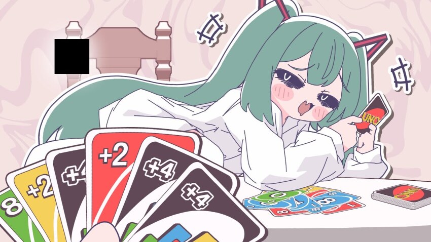 1girl 1other black_eyes black_sclera blush_stickers buttons card chair child colored_sclera deck_of_cards double-parted_bangs drooling fang green_hair hair_ornament hatsune_miku holding holding_card laughing long_hair long_sleeves looking_at_viewer lying mesugaki mimukauwa_nice_try_(vocaloid) mouth_drool n_u official_art on_side on_table open_mouth playing_card pov purple_background shirt skin_fang sleeves_past_wrists table thighhighs twintails uno_(game) video_thumbnail vocaloid watermark white_shirt white_thighhighs