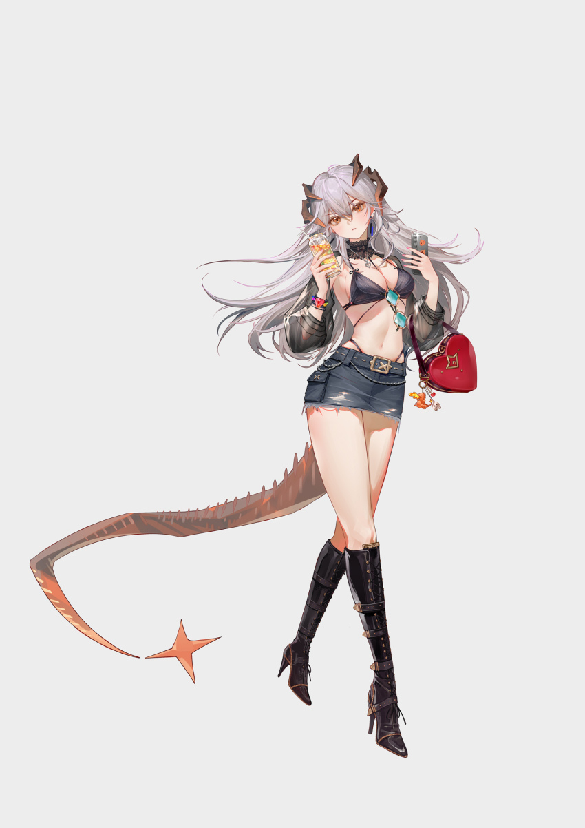 1girl arknights belt belt_buckle bikini bikini_under_clothes black_belt black_bikini black_footwear black_skirt boots breasts brown_horns brown_tail buckle cellphone charm_(object) chinese_commentary cleavage commentary_request cross-laced_footwear drink ear_piercing earrings eyewear_hang fingernails full_body grey_background grey_hair hair_between_eyes heart heart-shaped_bag high_heel_boots high_heels highleg highleg_bikini highres holding holding_drink holding_phone horns jewelry knee_boots lace-up_boots linea_alba long_hair looking_at_viewer medium_breasts miniskirt navel orange_eyes orry partial_commentary pencil_skirt phone piercing saria_(arknights) simple_background skirt smartphone solo sparkle standing swimsuit tail unworn_eyewear