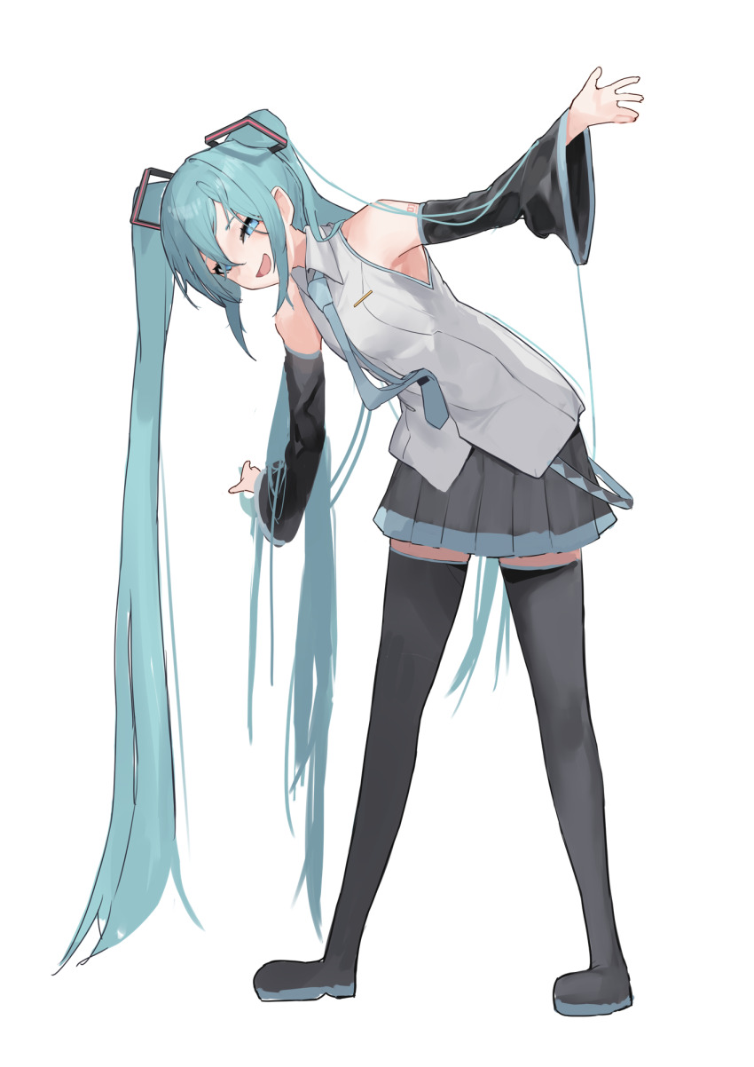 1girl aqua_eyes aqua_hair aqua_necktie arm_tattoo armpits bare_shoulders black_footwear black_skirt black_thighhighs blush breasts commentary detached_collar detached_sleeves full_body grey_shirt hatsune_miku highres long_hair looking_at_viewer necktie number_tattoo pleated_skirt pocche-ex shirt simple_background skirt sleeveless sleeveless_shirt small_breasts smile solo tattoo thighhighs twintails very_long_hair vocaloid white_background