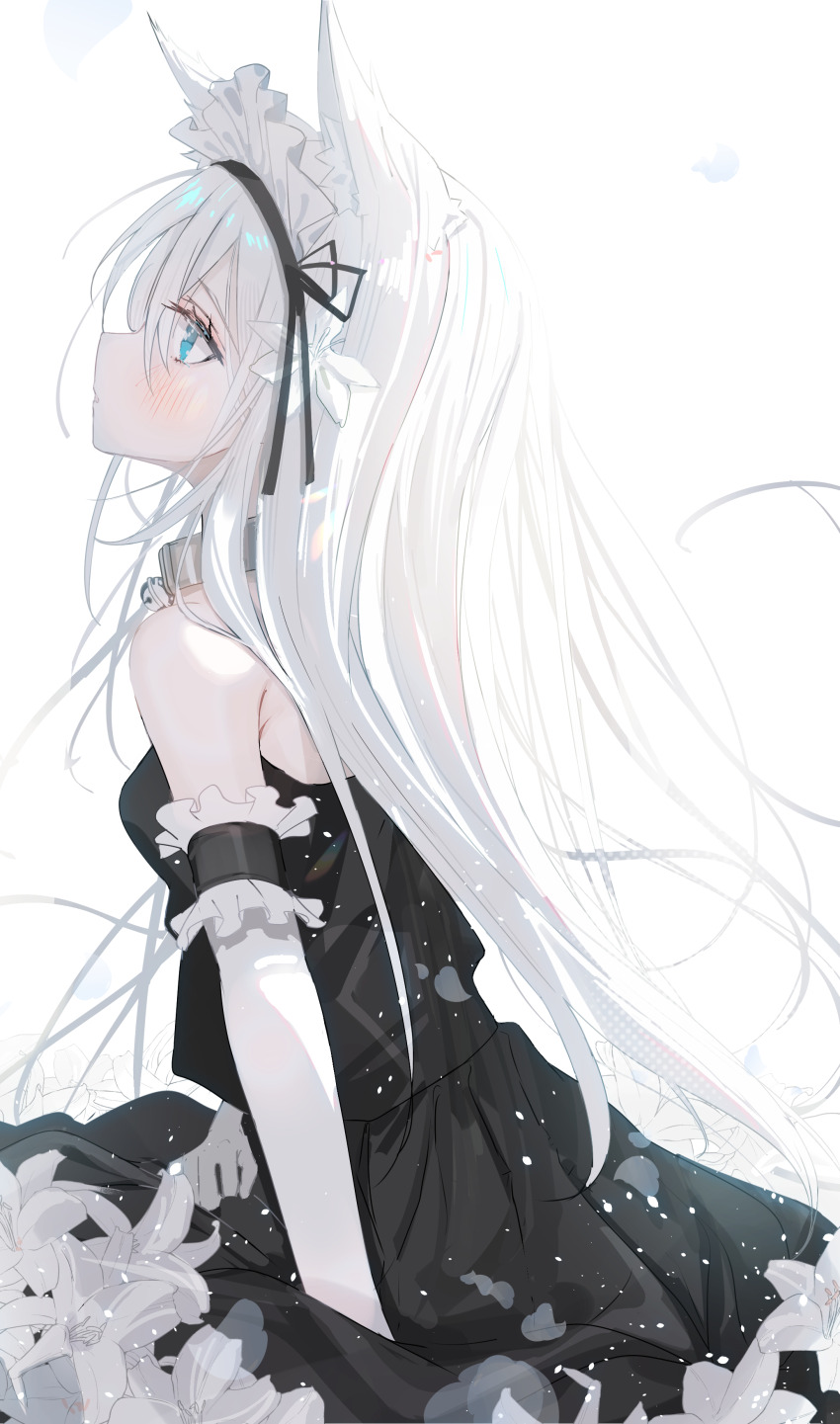 1girl absurdres animal_ear_fluff animal_ears bell black_dress blue_eyes blush breasts collar detached_sleeves dress elbow_gloves flower frills gloves highres jingle_bell long_hair maid_headdress nei1122 original simple_background small_breasts white_background white_gloves