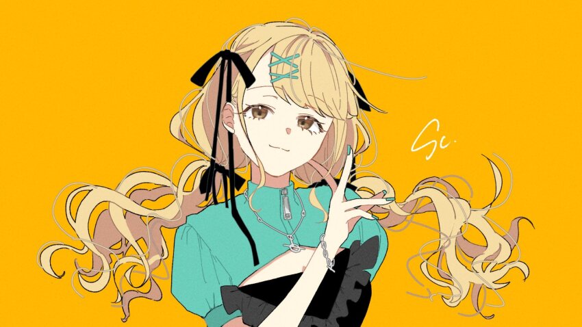 1girl blonde_hair closed_mouth facing_viewer fujita_kotone gakuen_idolmaster hair_ornament hairclip idolmaster long_hair looking_at_viewer saltyacurry short_sleeves simple_background solo yellow_background