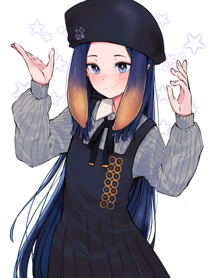 1girl absurdres beret black_dress black_hat black_ribbon blue_eyes blush buttons closed_mouth collared_shirt cowboy_shot dress epeulu_(ate5424) forehead gradient_hair hands_up hat highres hololive hololive_english long_sleeves multicolored_hair ninomae_ina&#039;nis ninomae_ina&#039;nis_(casual) orange_hair pinstripe_pattern pinstripe_shirt puffy_long_sleeves puffy_sleeves purple_hair ribbon shirt simple_background sleeveless sleeveless_dress smile solo star_(symbol) striped_clothes striped_shirt tentacle_hair vertical-striped_clothes vertical-striped_shirt virtual_youtuber white_background