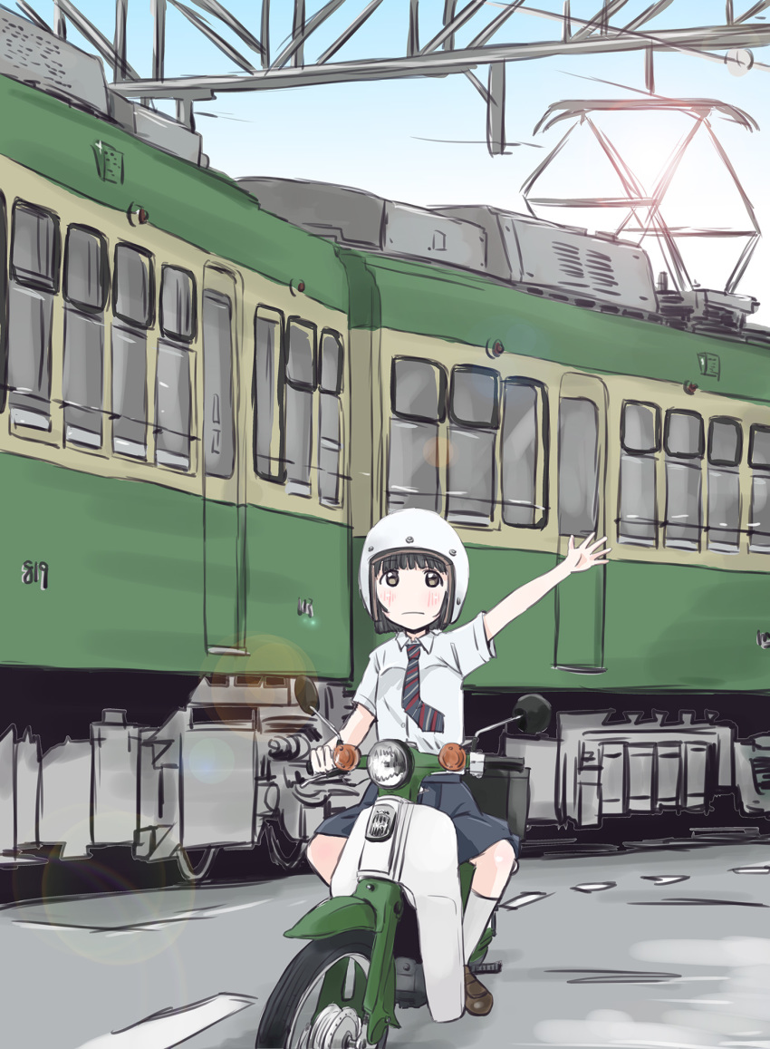 1girl arm_up black_hair blush bob_cut female_focus helmet highres honda honda_super_cub koguma_(super_cub) looking_at_viewer maruyo meme motor_vehicle motorcycle multiple_unit_train necktie neta school_uniform short_hair solo super_cub train