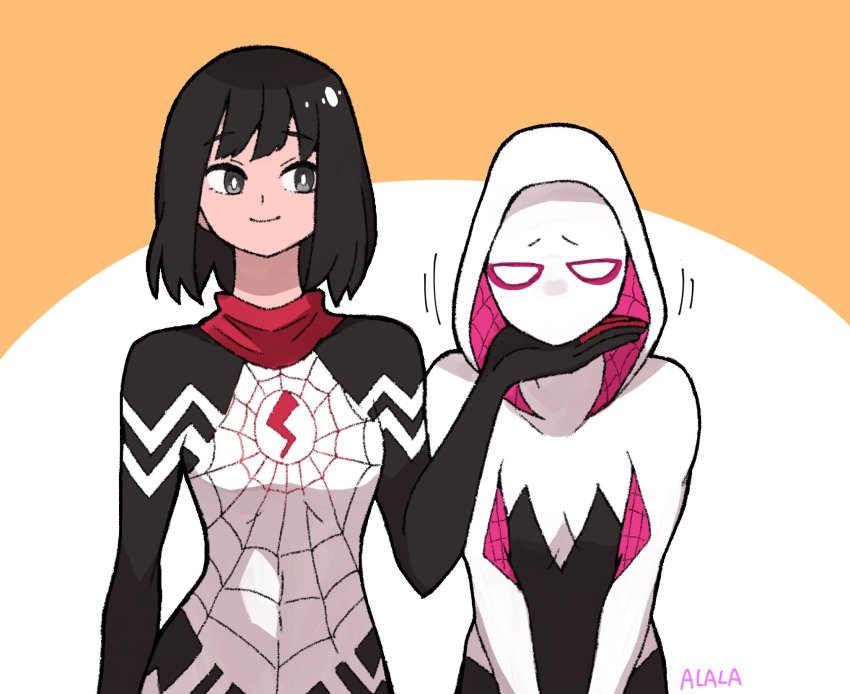 2girls animification black_hair bodysuit breasts commentary_request exasperation gloves highres hood hooded_bodysuit looking_at_viewer marvel multiple_girls short_hair silk silk_(marvel) skin_tight spider-gwen spider-man_(series) spider_web spider_web_print superhero_costume sushi_pizza_rrr