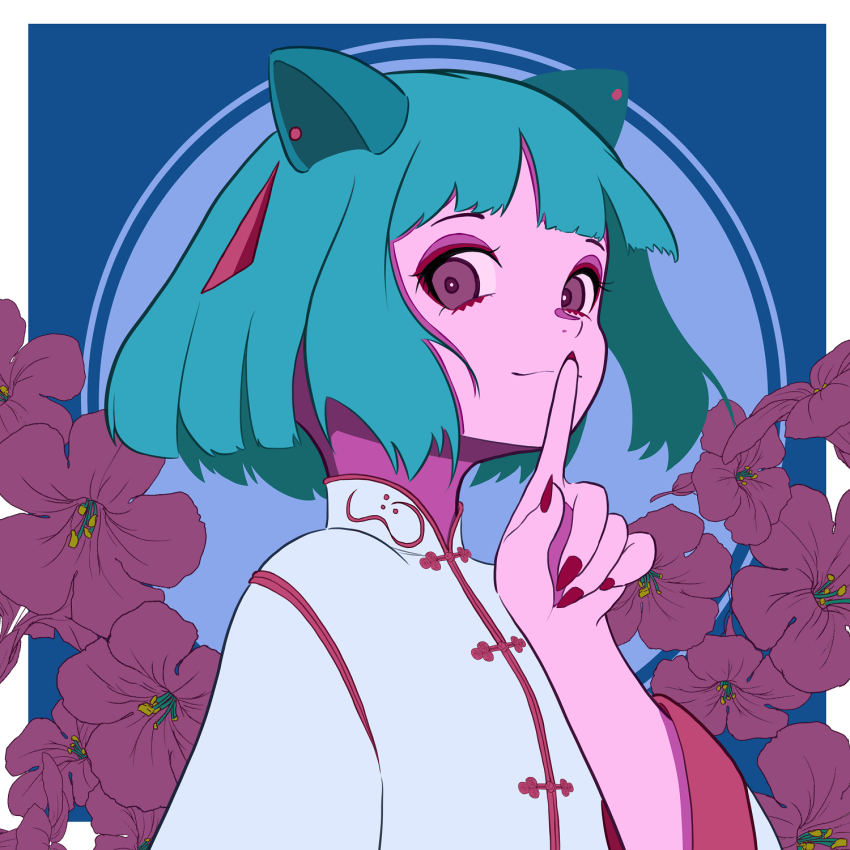 1girl animal_ears blue_hair bob_cut border cat_ears chinese_clothes closed_mouth eyeshadow female_focus finger_to_mouth flower highres imo_guru looking_at_viewer makeup mandarin_collar nail_polish original outside_border purple_eyes red_nails shushing solo white_border