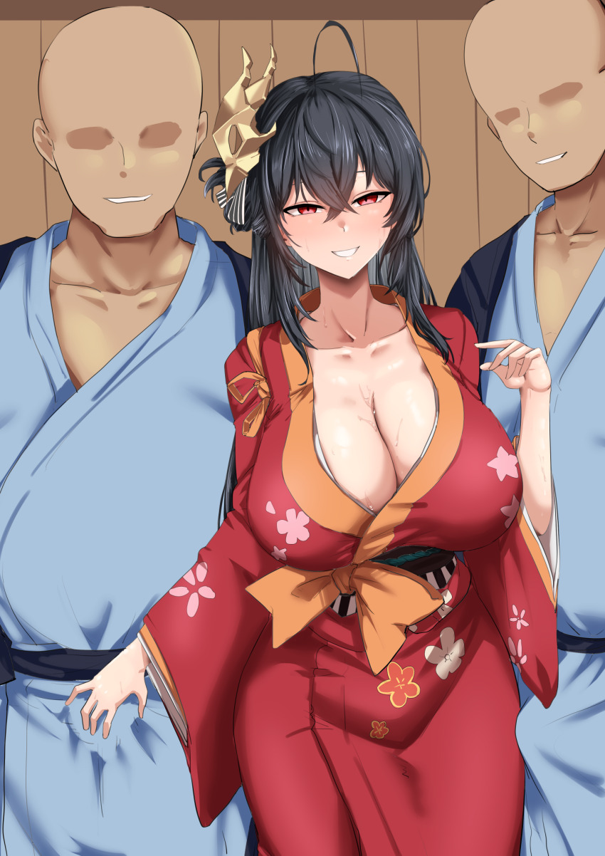 1girl 2boys ahoge azur_lane bald black_hair blush breasts cleavage faceless faceless_male full-face_blush hair_between_eyes harem highres huge_breasts japanese_clothes kimono long_hair looking_at_viewer male_harem mask mask_on_head multiple_boys netorare nikomiudon_06 red_eyes red_kimono taihou_(azur_lane) very_long_hair