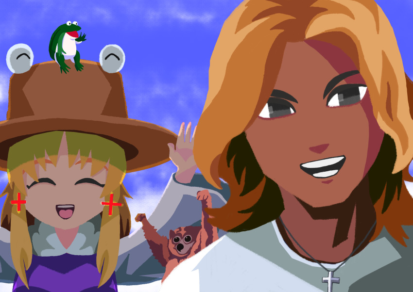 1boy 1girl absurdres animal blonde_hair blue_sky brown_headwear cloud commentary_request cookie_(touhou) cross cross_necklace dark-skinned_male dark_skin frog go_(inmu) hat highres inmu-kun jewelry kaibara_elena_(cookie) long_sleeves looking_at_viewer manatsu_no_yo_no_inmu medium_hair moriya_suwako necklace open_mouth psychic_parrot purple_vest shirt sky slow_loris tongue touhou turtleneck upper_body vest white_shirt wide_sleeves