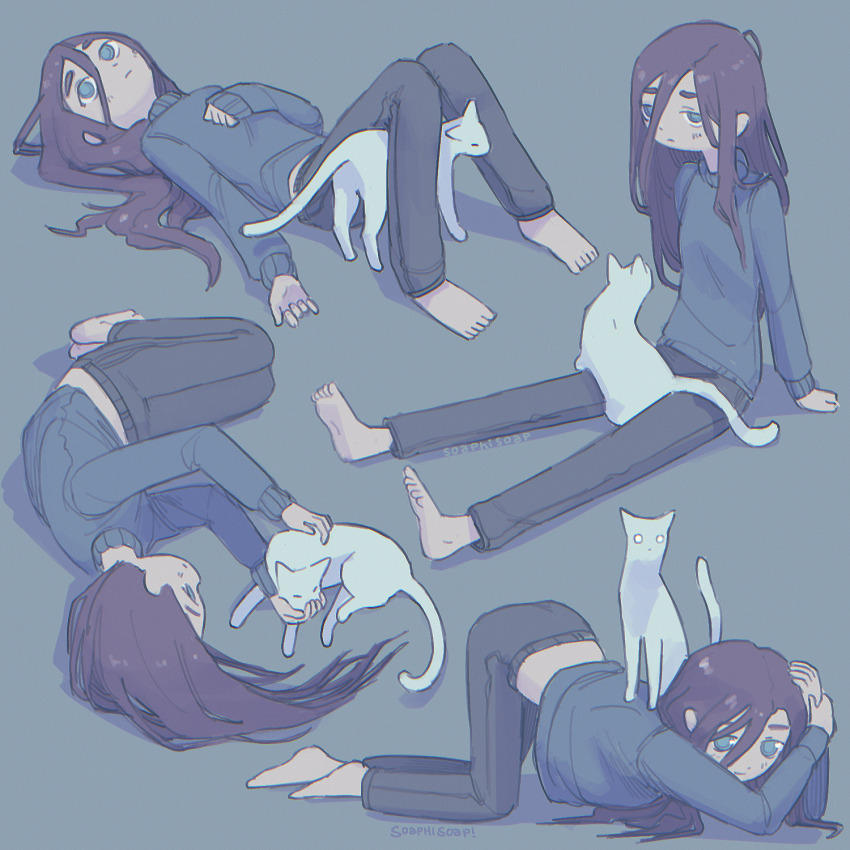 1girl barefoot blue_eyes brown_hair cat highres indoors long_hair looking_at_another lying messy_hair midriff_peek multiple_views on_back on_floor on_side original pants petting simple_background sketch soaphisoap sweater sweatpants turtleneck white_cat