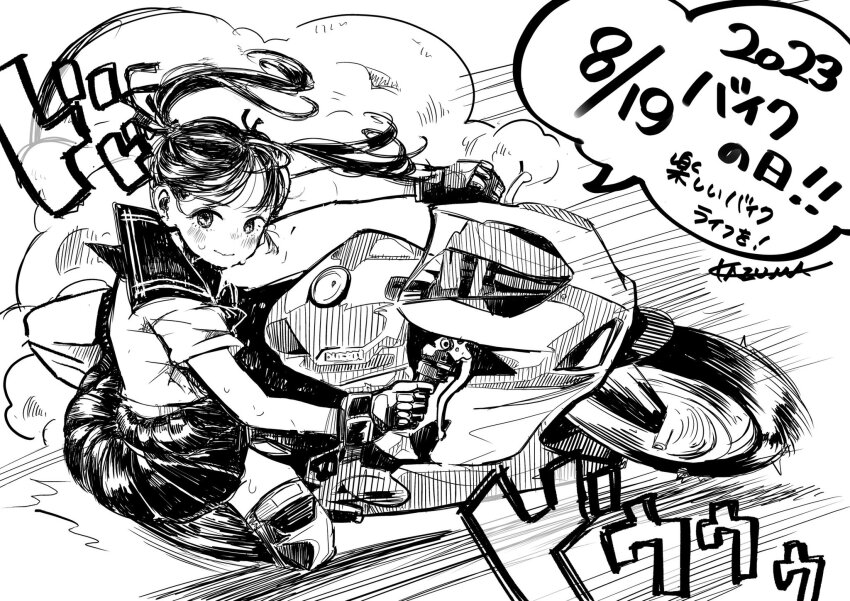 1girl artist_name dated drifting ducati ducati_panigale_v4 dust floating_hair greyscale hair_behind_ear highres kazuma_(dokurinngos2) long_hair looking_at_viewer monochrome motor_vehicle motorcycle original sailor_collar school_uniform serafuku smile solo sweatdrop translation_request twintails vehicle_focus