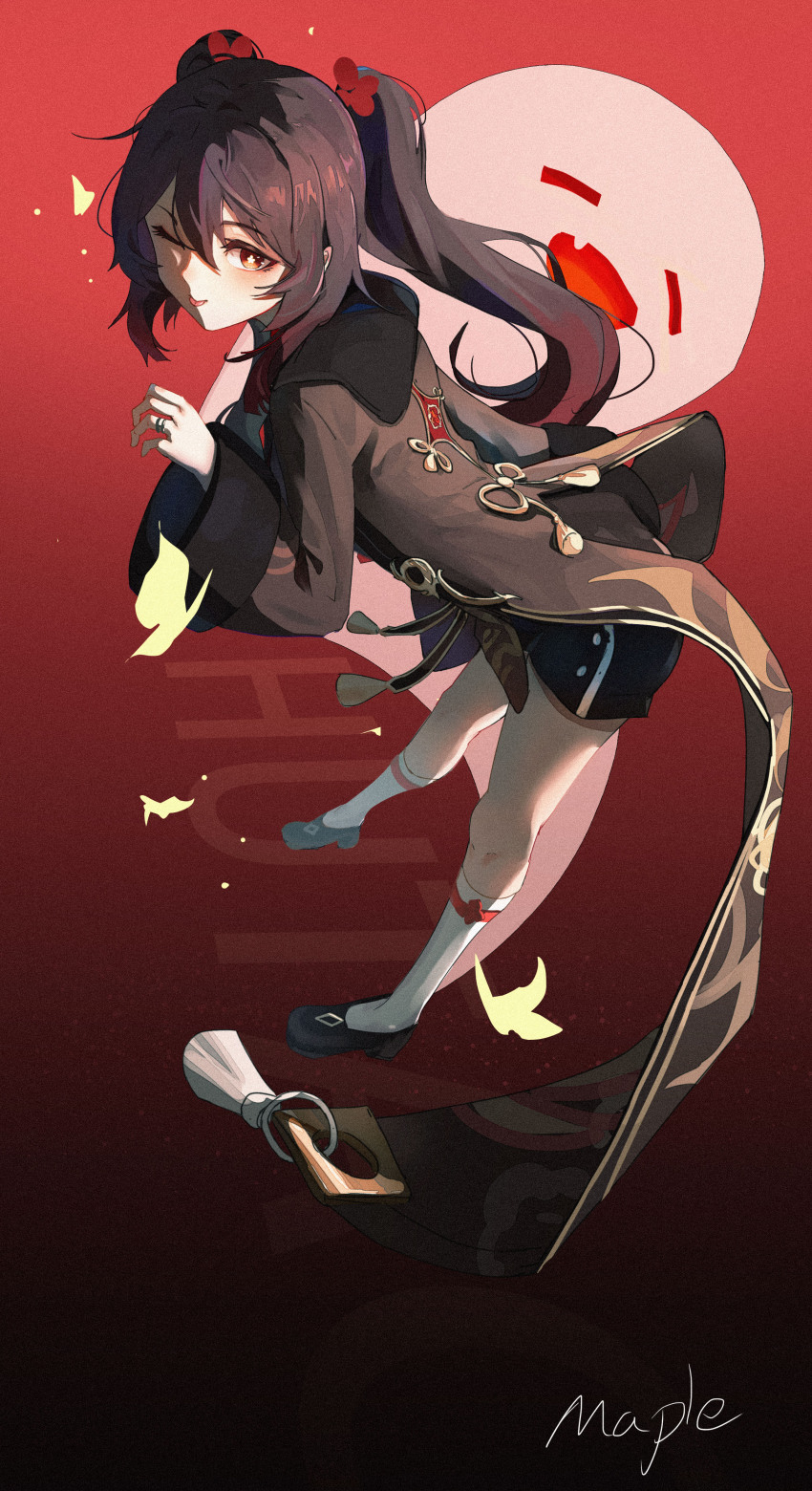 1girl absurdres artist_name black_footwear black_shorts boo_tao_(genshin_impact) brown_coat brown_hair coat commentary flower-shaped_pupils full_body genshin_impact highres hu_tao_(genshin_impact) leaning_forward long_hair long_sleeves looking_at_viewer maple_(luoty111) one_eye_closed red_background red_eyes shorts socks solo standing symbol-shaped_pupils tongue tongue_out twintails white_socks