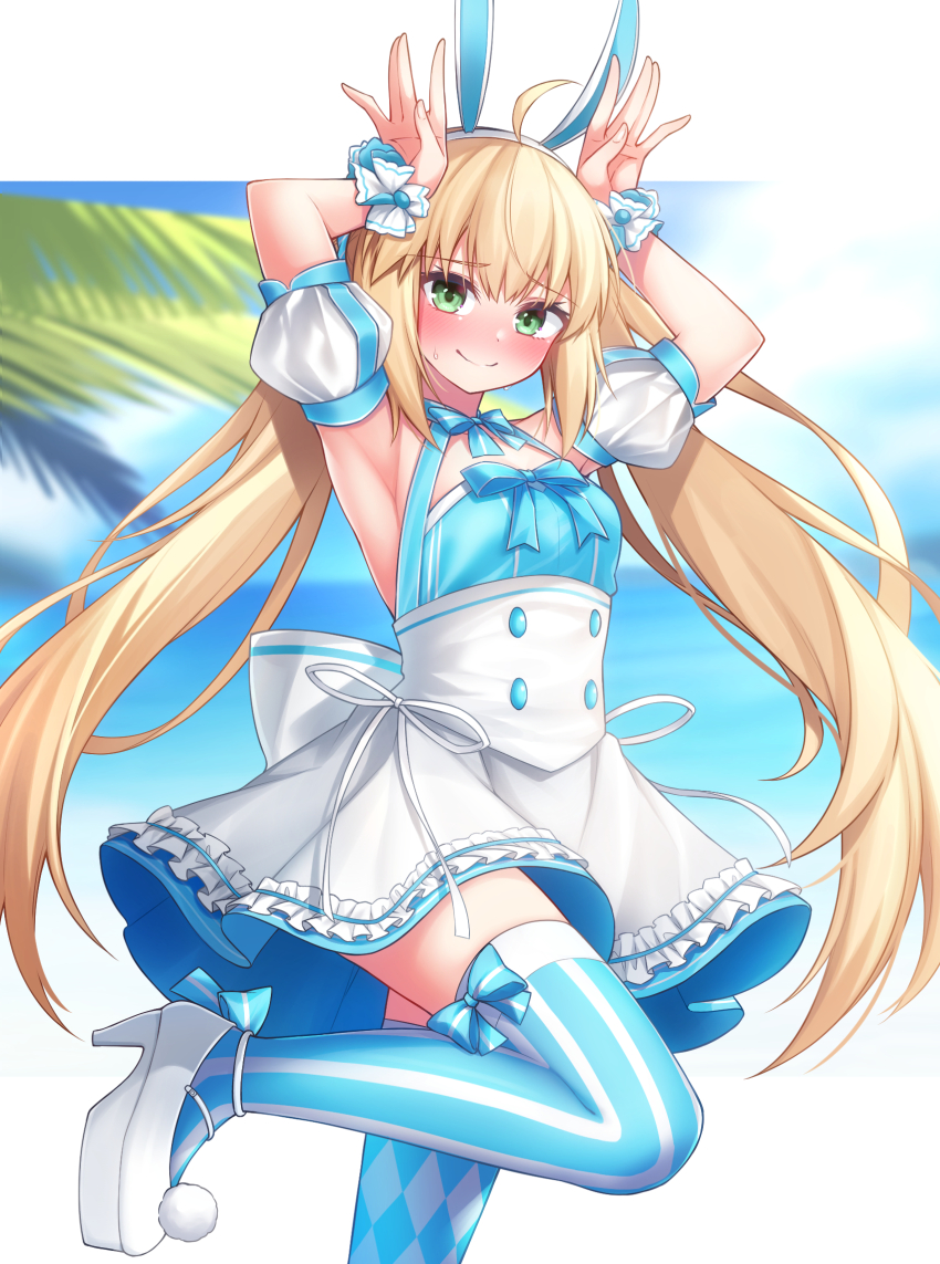 1girl ahoge animal_ears apron artoria_caster_(fate) artoria_caster_(swimsuit)_(fate) artoria_caster_(swimsuit)_(second_ascension)_(fate) artoria_caster_(swimsuit_berserker)_(fate) artoria_caster_(swimsuit_berserker)_(second_ascension)_(fate) artoria_pendragon_(fate) bare_shoulders blonde_hair blue_thighhighs breasts buttons fate/grand_order fate_(series) green_eyes highres hoshino_reiji long_hair maid maid_apron ocean palm_tree rabbit_ears simple_background small_breasts thighhighs tree twintails white_footwear