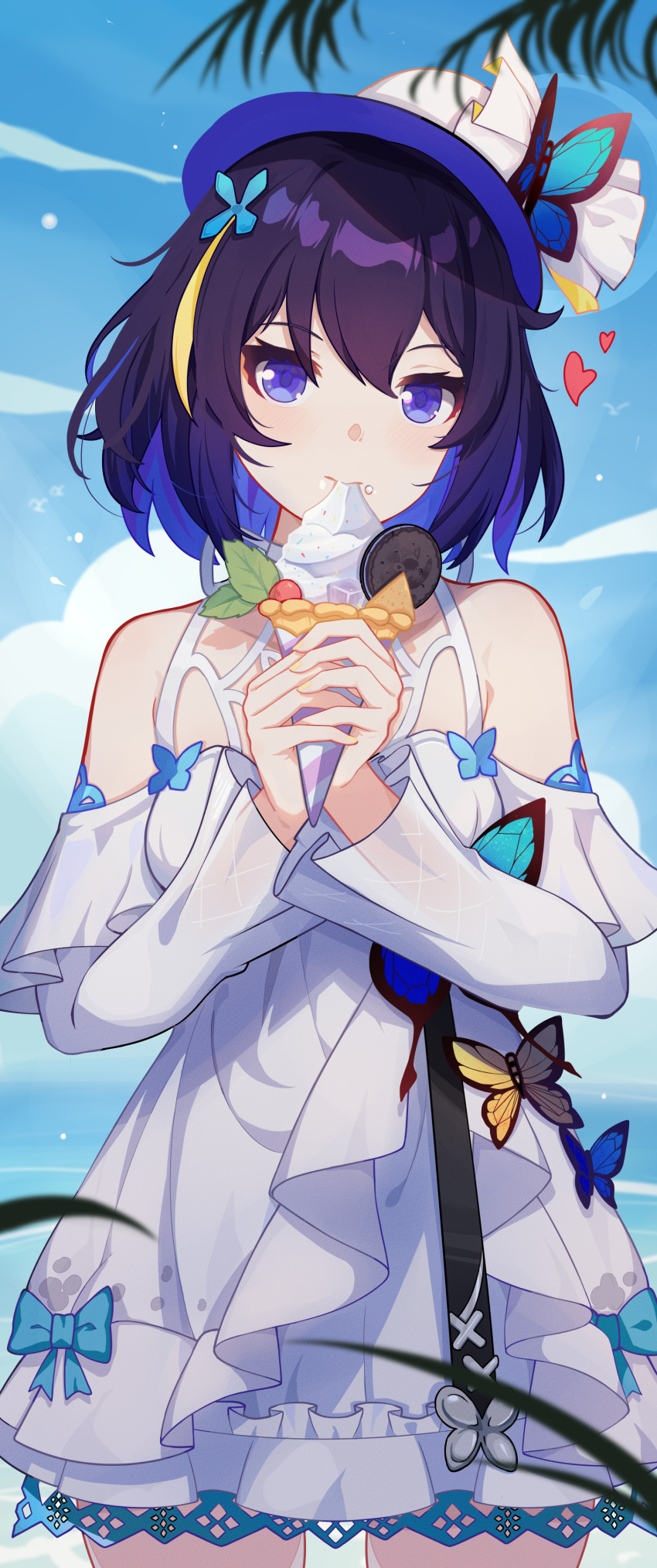 1girl absurdres bare_shoulders blue_butterfly blue_eyes bow breasts bug butterfly butterfly_ornament cowboy_shot dress eating food hair_ornament hat highres holding holding_food honkai_(series) honkai_impact_3rd ice_cream ice_cream_cone insect looking_at_viewer medium_hair seele_vollerei seele_vollerei_(papilio_lily) seele_vollerei_(swallowtail_phantasm) sky tongling white_dress yellow_butterfly