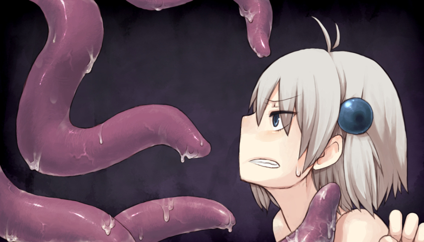 1girl ahoge angry bad_id bad_pixiv_id blue_eyes clenched_teeth cum female_focus grey_hair kimura_senri profile short_hair slime_(substance) solo sweatdrop teeth tentacles