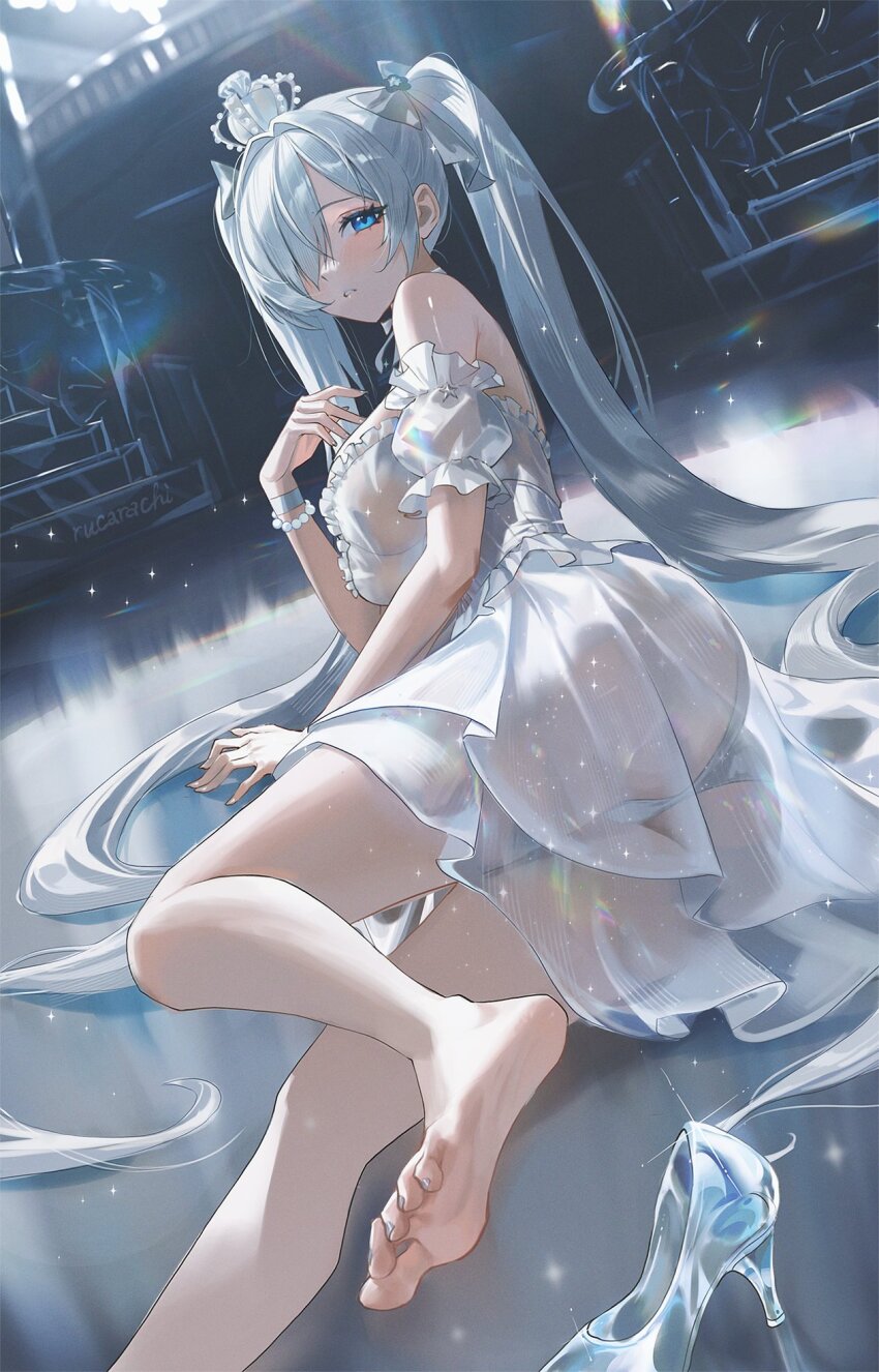 1girl artist_name ass barefoot blue_eyes bow breasts cinderella_(glass_princess)_(nikke) cinderella_(nikke) commentary crown detached_sleeves dress frilled_sleeves frills glass_slipper goddess_of_victory:_nikke grey_bow hair_bow hair_ornament high_heels highres indoors large_breasts legs long_hair looking_at_viewer mini_crown official_alternate_costume puffy_short_sleeves puffy_sleeves rucarachi see-through_clothes see-through_dress short_sleeves solo stairs toenails twintails white_hair