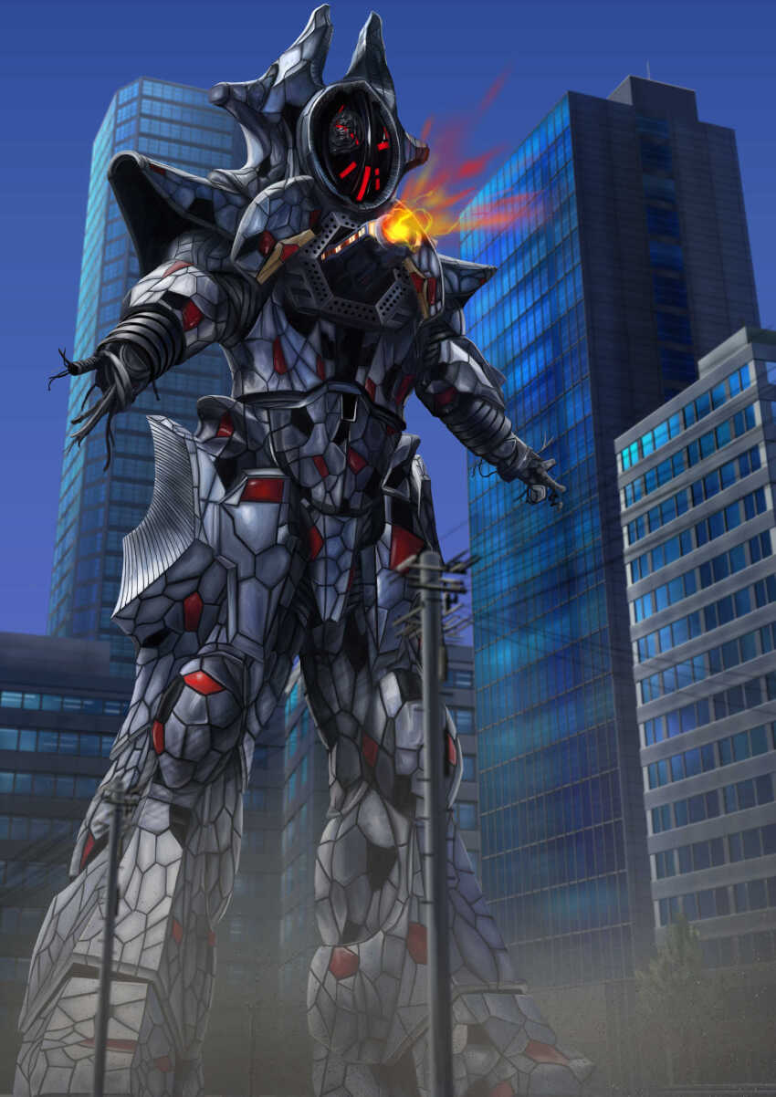 1other aiming armor battle_damage blue_sky broken_wires building cannon chest_cannon city cityscape commentary damaged day deathfacer dust_cloud energy_cannon from_below full_body gattyo giant glowing glowing_eyes grey_armor highres kaiju led legs_apart looking_ahead mecha mecha_focus no_humans outdoors power_lines powering_up red_eyes robot severed_arm severed_limb sky skyscraper standing tokusatsu tree ultra_series ultraman_dyna_(series) ultraman_tiga_&amp;_ultraman_dyna:_hikari_no_hoshi_no_senshi-tachi weapon wire