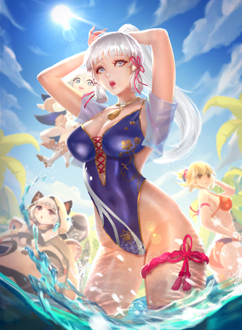 4girls absurdres adjusting_hair animal_ears arms_up ayaka_(genshin_impact) beach blue_sky blunt_bangs breasts cglas cowboy_shot genshin_impact highres hood large_breasts looking_at_viewer multiple_girls ocean one-piece_swimsuit open_mouth paimon_(genshin_impact) partially_submerged ponytail raccoon_ears raccoon_tail sayu_(genshin_impact) sky swimsuit tail water yoimiya_(genshin_impact)