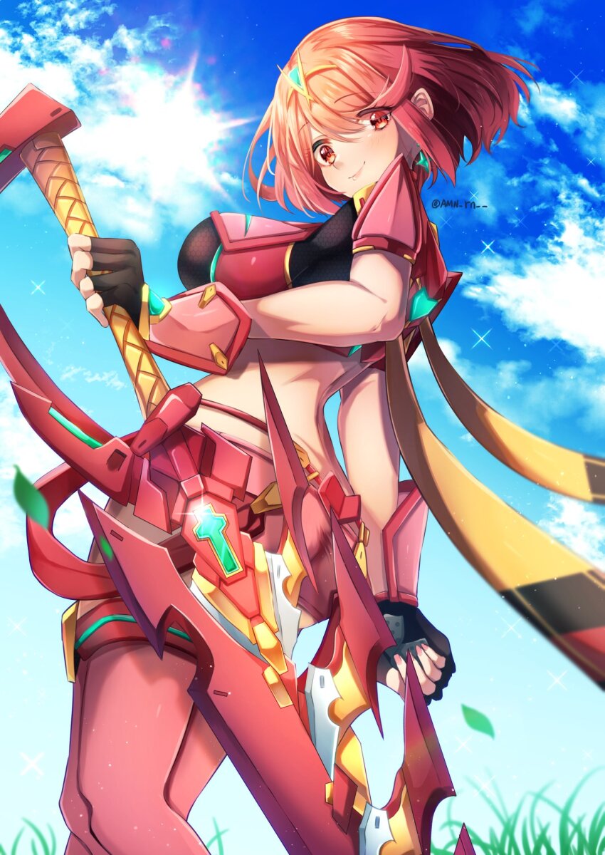 1girl aegis_sword_(xenoblade) amanoru_mozuku black_gloves blue_sky breasts closed_mouth commentary_request earrings feet_out_of_frame fingerless_gloves from_behind gloves grass highres holding holding_sword holding_weapon jewelry large_breasts looking_at_viewer looking_back pyra_(xenoblade) red_eyes red_hair red_thighhighs reverse_grip short_hair sky smile solo sun swept_bangs sword thighhighs tiara twitter_username weapon xenoblade_chronicles_(series) xenoblade_chronicles_2