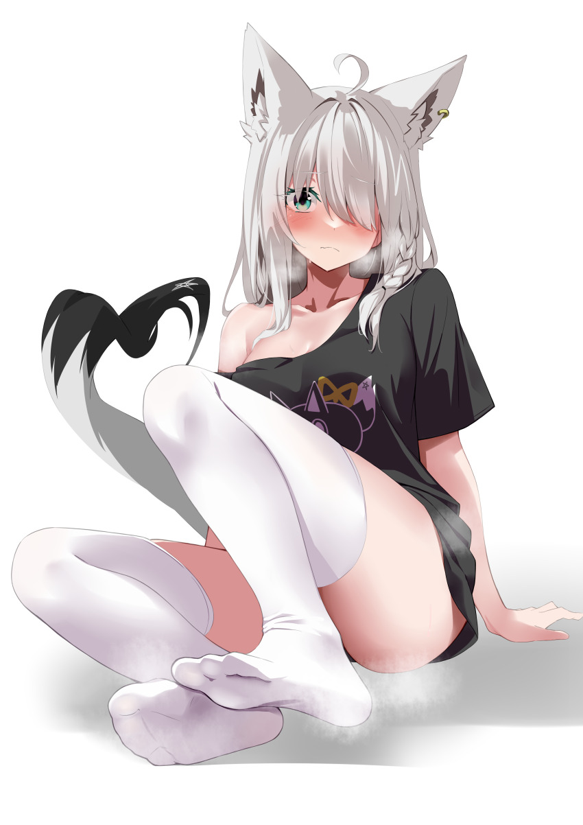 1girl absurdres animal_ears aqua_eyes black_shirt blush braid breasts embarrassed fox_ears fox_girl fox_tail full_body hair_over_one_eye highres hololive large_breasts long_hair namekonnn nejima_kitsune_(shirakami_fubuki) no_pants off_shoulder shirakami_fubuki shirakami_fubuki_(loungewear) shirt short_sleeves side_braid single_braid tail thighhighs virtual_youtuber white_hair white_thighhighs