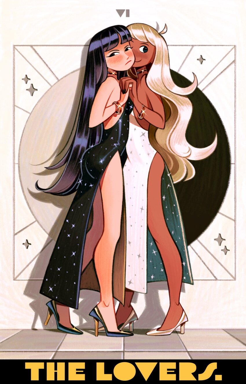 2girls bare_arms black_dress black_hair blush bracelet card_(medium) closed_mouth commentary dark-skinned_female dark_skin dress english_commentary english_text friedbaens grey_footwear high_heels highres holding_hands jewelry long_hair multiple_girls original shadow side_slit sleeveless sleeveless_dress smile standing tarot tarot_(medium) the_lovers_(tarot) white_dress white_footwear white_hair yuri