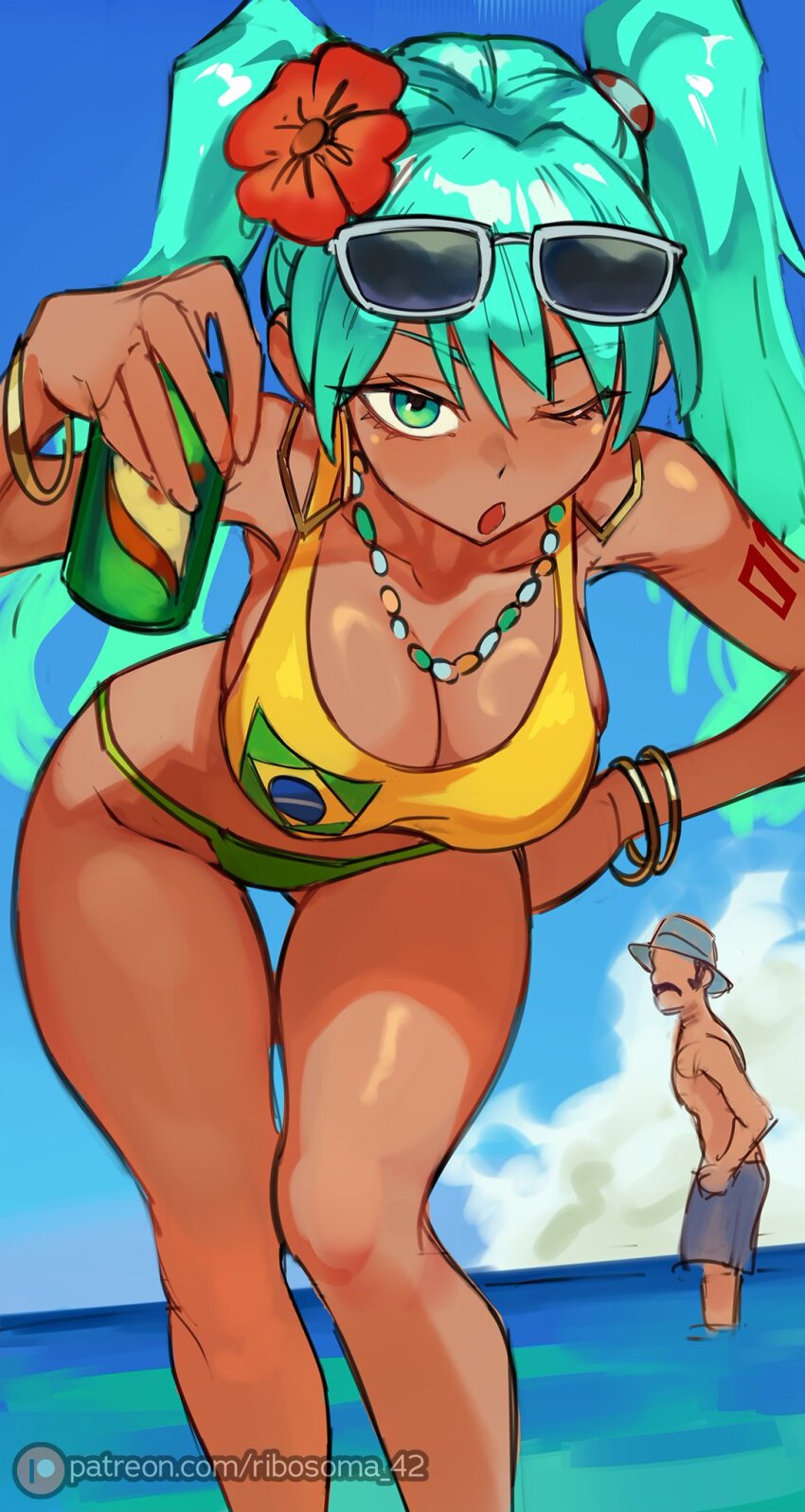 1boy 1girl bead_choker bikini bodysuit brazil brazilian_flag brazilian_flag_print brazilian_miku breasts dark-skinned_female dark_skin don_ramon female_focus glasses guarana_antarctica hair_ornament hatsune_miku highres large_breasts legs long_legs pov ribosoma_42 shorts solo sunglasses sunglasses_on_head swimsuit