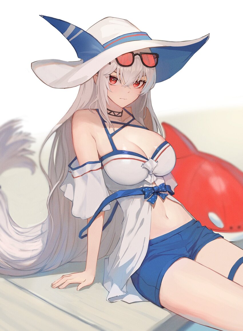 1girl arknights bare_legs blue_shorts breasts camisole cleavage closed_mouth commentary english_commentary expressionless eyewear_on_head grey_hair hair_between_eyes hat highres jason_kim large_breasts long_hair looking_at_viewer low-tied_long_hair midriff navel off-shoulder_shirt off_shoulder official_alternate_costume red_eyes revision shirt short_shorts shorts sitting skadi_(arknights) skadi_(waverider)_(arknights) solo stuffed_orca sunglasses thigh_strap thighs tinted_eyewear very_long_hair white_background white_camisole white_hat