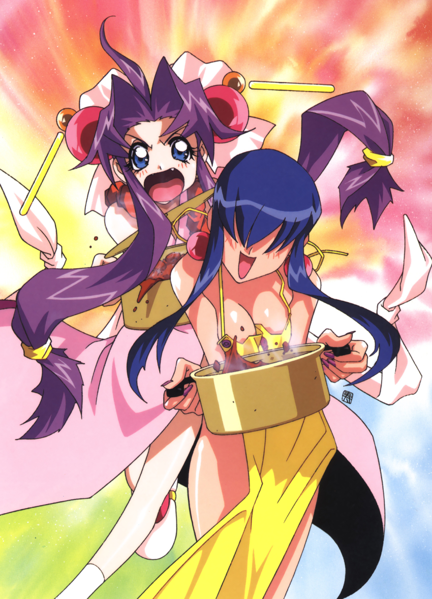 1990s_(style) 2girls ahoge apron blue_eyes bow breasts carrying cherry_(saber_j) cleavage fang floating_hair food hair_over_eyes highres kotobuki_tsukasa long_hair luchs multiple_girls nail_polish naked_apron official_art open_mouth pink_bow pot purple_hair retro_artstyle saber_marionette_j sidelocks