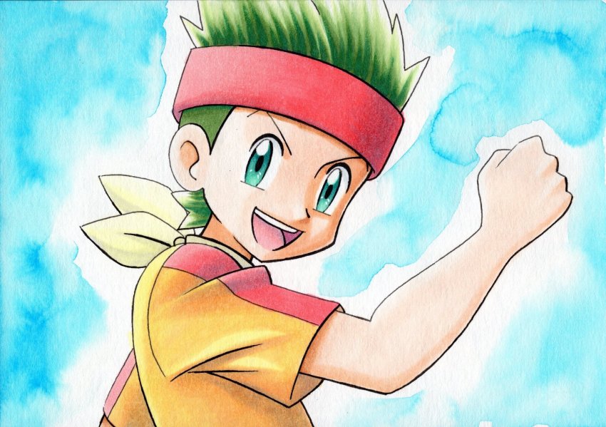 1boy :d blue_background cameron_(pokemon) clenched_hand commentary_request creatures_(company) game_freak green_eyes green_hair hand_up headband highres looking_at_viewer looking_to_the_side male_focus nintendo oka_mochi open_mouth pokemon pokemon_(anime) pokemon_bw_(anime) red_headband shirt short_sleeves smile solo teeth tongue traditional_media upper_body upper_teeth_only yellow_shirt