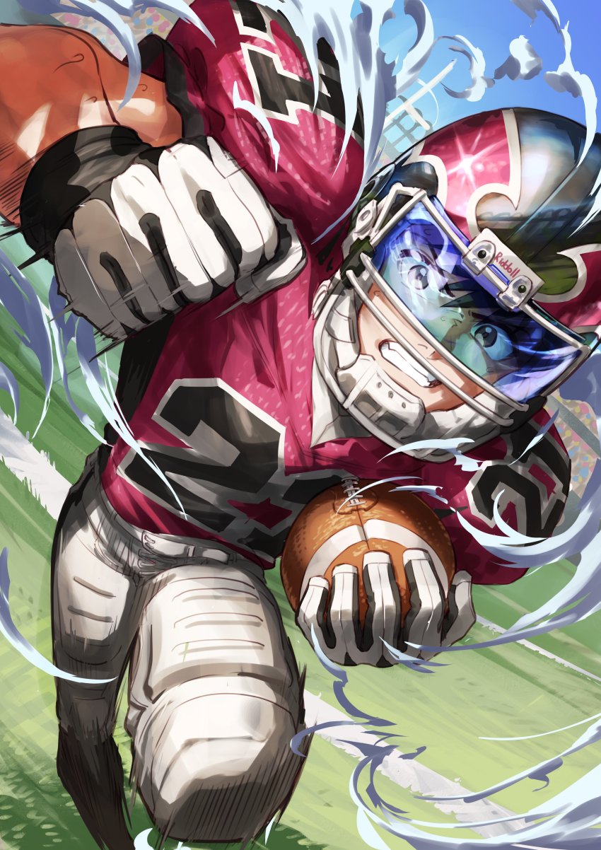 1boy absurdres american_football american_football_(object) american_football_uniform ball black_gloves black_hair clenched_hand eyeshield_21 gloves grass helmet highres holding holding_ball kobayakawa_sena male_focus nemoto_yuuma pants red_shirt running shirt sky smoke solo sportswear visor white_pants