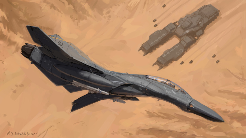 2boys aircraft airplane canopy_(aircraft) day desert fighter_jet helmet highres hozumi_sousei jet military_vehicle missile motor_vehicle multiple_boys original outdoors pilot pilot_helmet project_wingman science_fiction tank vehicle_focus