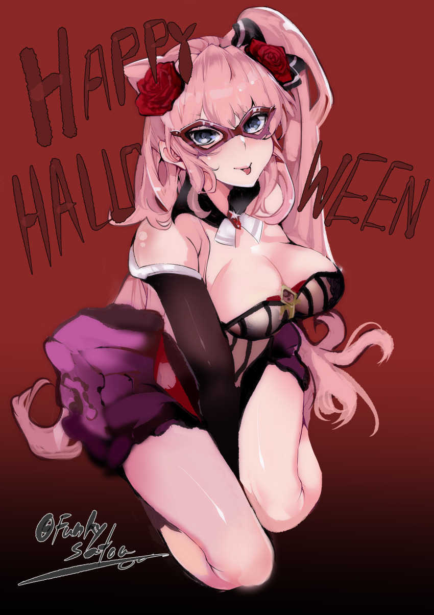 1girl absurdres bare_legs bare_shoulders blue_eyes blush breasts cleavage cosplay funkysatou hair_between_eyes hair_ornament halloween highres large_breasts long_hair looking_at_viewer maria_cadenzavna_eve phantom_thief pink_hair senki_zesshou_symphogear solo thighs tongue tongue_out very_long_hair