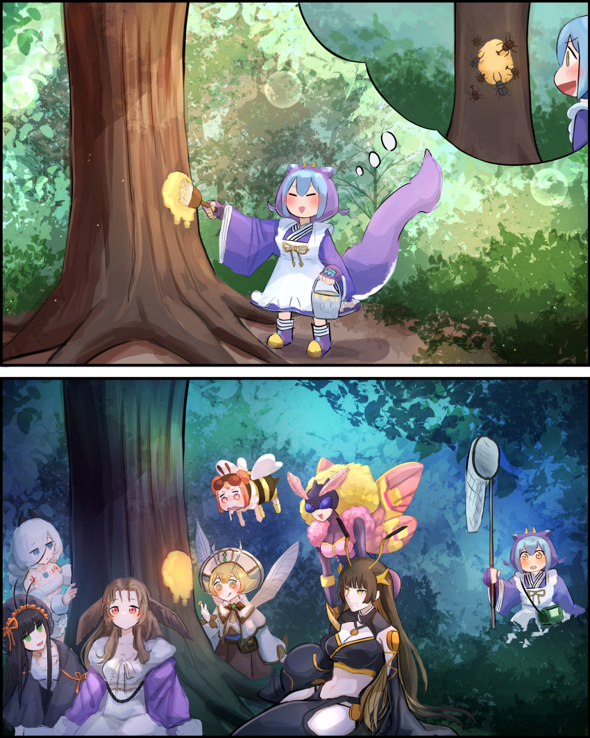 6+girls absurdres arthropod_girl bush butterfly_net character_request day_and_night duel_monster forest hand_net hatano_kiyoshi highres honey laundry_dragonmaid midriff mitsu_the_insect_ninja multiple_girls nature navel traptrix_arachnocampa tree wannabee! yu-gi-oh! yu-gi-oh!_rush_duel