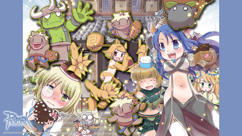 4boys 6+girls angeling animal_ears animal_feet animal_hands arch_bishop_(ragnarok_online) ass beans bell belt biretta black_pants blonde_hair blue_dress blue_eyes blue_hair blush bra breasts brown_belt brown_gloves building camouflage camouflage_scarf camouflage_shorts chain closed_mouth club club_(weapon) colored_skin copyright_notice cowboy_shot crop_top detached_sleeves dokebi dress fake_horns fox fox_ears fox_girl fox_mask front_slit gas_mask gloves green_eyes green_gloves green_scarf green_shorts green_skin green_tube_top hair_bell hair_ornament helmet highres holding holding_staff horned_helmet horns jingle_bell kitsune logo loincloth long_hair looking_at_viewer mask masked medium_breasts monocle moonlight_flower multiple_boys multiple_girls nine_tail_(ragnarok_online) official_art official_wallpaper okosama_lunch_(sendan) open_mouth orc orc_warrior_(ragnarok_online) panties pants ragnarok_online ranger_(ragnarok_online) rimless_eyewear scarf setsubun shirt short_hair shorts smile sorcerer_(ragnarok_online) soul_linker_(ragnarok_online) spiked_club staff strapless suspenders teeth thighhighs tube_top tusks two-tone_dress underwear upper_body warlock_(ragnarok_online) weapon white_dress white_shirt white_sleeves white_thighhighs x_navel yellow_bra yellow_panties