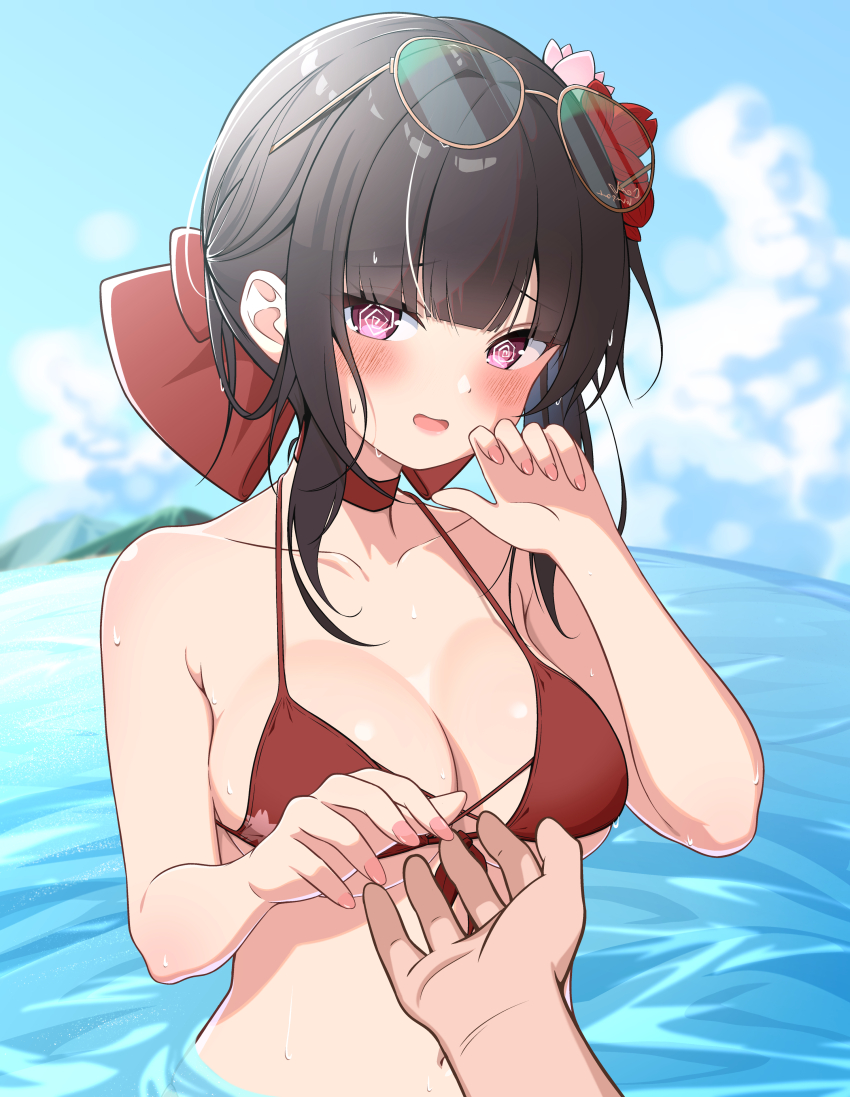 1girl @_@ absurdres bikini black_hair blue_sky blush bow breasts choker cleavage collarbone commentary_request day eyewear_on_head fingernails flower front-tie_bikini_top front-tie_top goddess_of_victory:_nikke hair_flower hair_ornament highres island looking_at_viewer medium_breasts navel ocean official_alternate_costume open_mouth outdoors pink_nails pov pov_hands red_bikini red_bow red_choker red_flower sakura_(bloom_in_summer)_(nikke) sakura_(nikke) short_hair_with_long_locks sky stomach string_bikini sunglasses swimsuit upper_body wading water wet yellow-framed_eyewear yuyuchi_(gyazaa)