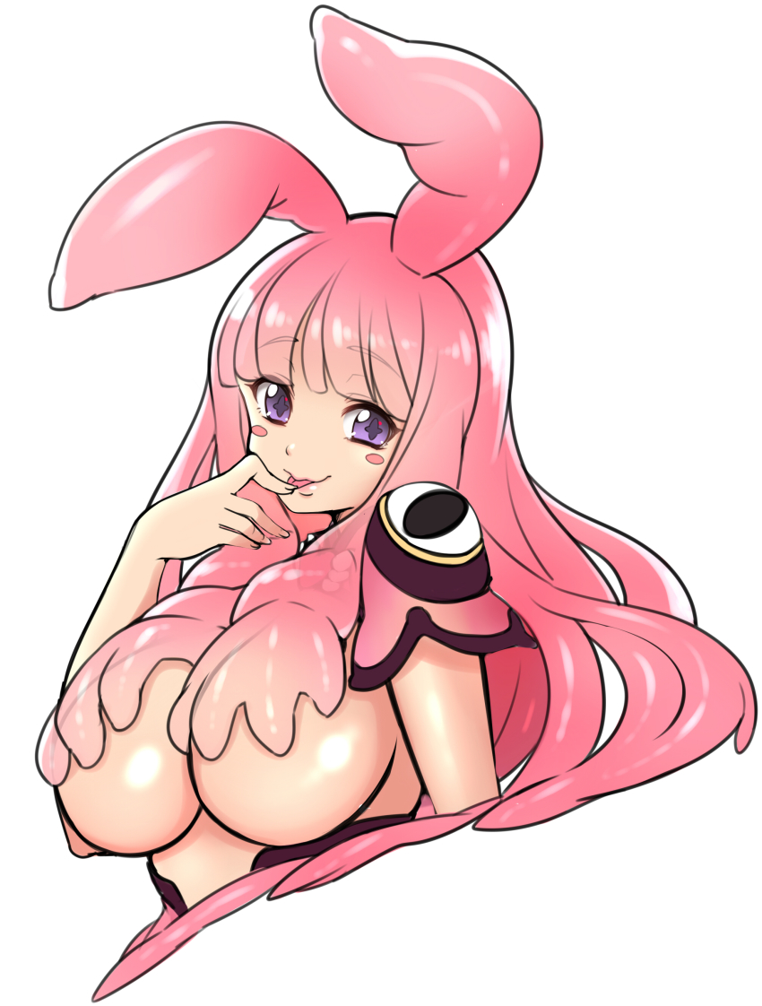 1girl :p absurdres animal_ears blush_stickers breasts finger_to_mouth highres kosumo large_breasts long_hair looking_at_viewer melona_(queen&#039;s_blade) melona_(queen&#039;s_blade) pink_hair prehensile_hair protean_assassin_melona purple_eyes queen&#039;s_blade rabbit_ears shiny_skin smile solo symbol-shaped_pupils tongue tongue_out upper_body white_background