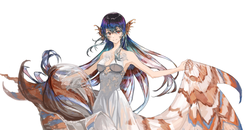 1girl absurdres bare_shoulders black_hair breasts collarbone double-parted_bangs dress fins floating_hair hair_between_eyes head_fins highres kasumi_yuzuha long_hair looking_at_viewer medium_breasts multicolored_hair original red_eyes red_hair simple_background skirt_hold solo strapless strapless_dress white_background white_dress