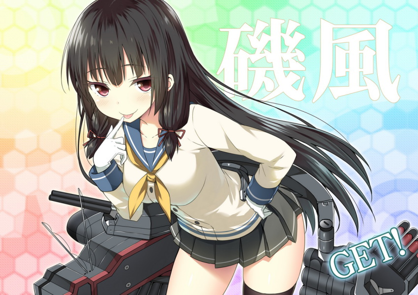 10s 1girl :p asymmetrical_legwear black_hair black_thighhighs blush breasts female_focus get gloves hand_on_own_hip isokaze_(kancolle) kantai_collection leaning_forward long_hair looking_at_viewer pleated_skirt red_eyes school_uniform serafuku single_thighhigh skirt sky-freedom smile solo thighhighs tongue tongue_out uneven_legwear white_gloves zettai_ryouiki