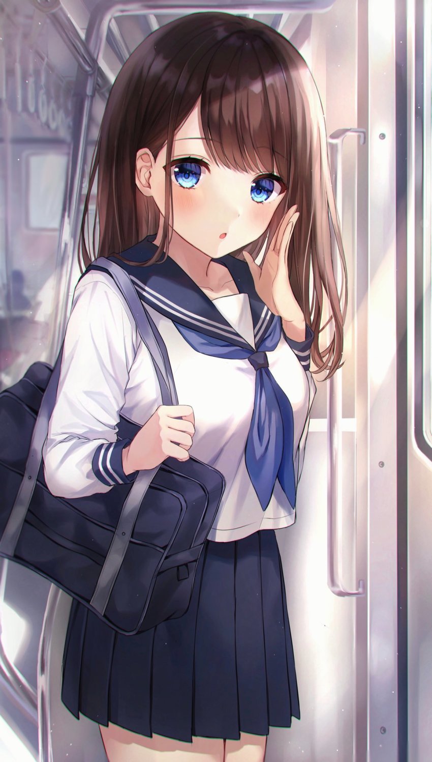 1girl bag blue_eyes blue_sailor_collar blue_skirt blush breasts brown_hair cowboy_shot hand_on_own_face highres long_hair long_sleeves looking_at_viewer medium_breasts original parum39 sailor_collar school_bag school_uniform serafuku shoulder_bag skirt solo train_interior