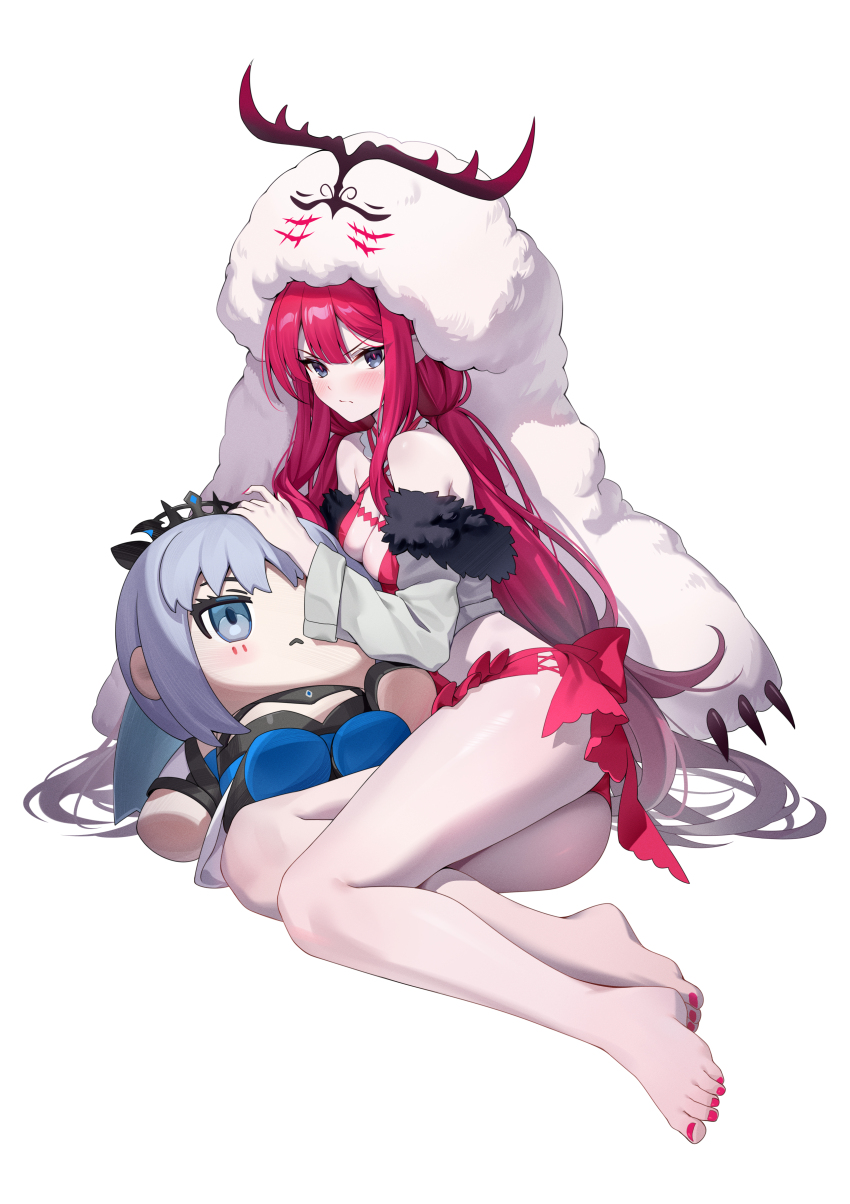 1girl absurdres ass baobhan_sith_(fate) baobhan_sith_(swimsuit_pretender)_(fate) baobhan_sith_(swimsuit_pretender)_(first_ascension)_(fate) barefoot blush breasts camisole cernunnos_(fate) character_hood cleavage detached_collar fate/grand_order fate_(series) grey_eyes highres jacket long_hair long_sleeves looking_at_viewer medium_breasts microskirt morgan_le_fay_(fate) nail_polish open_clothes open_jacket pink_hair pointy_ears red_skirt shenqi_xiao_hong_zai_nali sidelocks skirt stuffed_toy white_camisole white_jacket