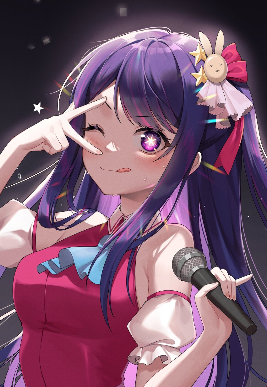 1girl absurdres blush breasts commentary ddungddang detached_sleeves hair_ornament highres holding holding_microphone hoshino_ai long_hair medium_breasts microphone one_eye_closed oshi_no_ko purple_eyes purple_hair rabbit_hair_ornament star-shaped_pupils star_(symbol) sweat symbol-only_commentary symbol-shaped_pupils tongue tongue_out