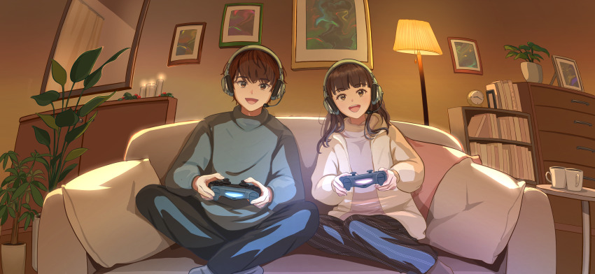 1boy 1girl :d absurdres blue_pants blunt_bangs brown_eyes brown_hair candle commentary controller couch cushion feet_out_of_frame game_controller grey_socks grey_sweater headphones headset highres holding holding_controller holding_game_controller indian_style indoors jacket lamp long_sleeves medium_hair nap_on_a_cloud open_mouth original painting_(object) pants plant playstation_controller potted_plant short_hair sitting smile socks sweater symbol-only_commentary turtleneck turtleneck_sweater very_short_hair wariza yellow_jacket yokozuwari