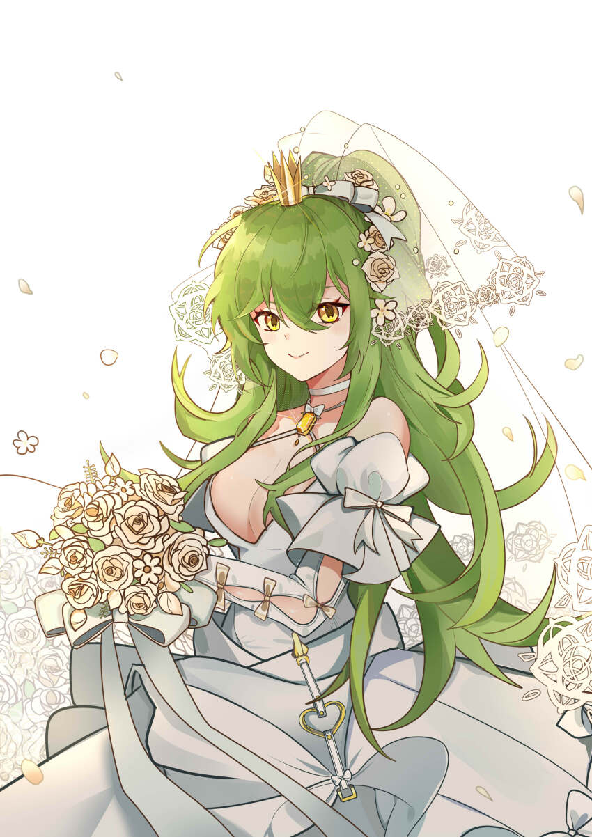 1girl absurdres bouquet breasts bridal_veil cleavage commentary_request crown dress flower girls&#039;_frontline green_hair hair_flower hair_ornament hair_ribbon heart_o-ring heituitui highres holding holding_bouquet looking_at_viewer m950a_(girls&#039;_frontline) m950a_(the_warbler_and_the_rose)_(girls&#039;_frontline) mini_crown official_alternate_costume ribbon rose solo veil wedding_dress white_background white_dress white_flower white_petals white_ribbon white_rose yellow_eyes