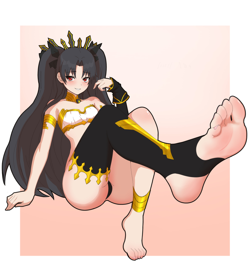 1girl absurdres barefoot black_hair blush fate/grand_order fate/grand_order:_first_order fate_(series) feet highres ishtar_(fate) long_hair looking_at_viewer parted_lips red_eyes single_thighhigh soles stirrup_legwear thighhighs toeless_legwear toes twintails yosamukino