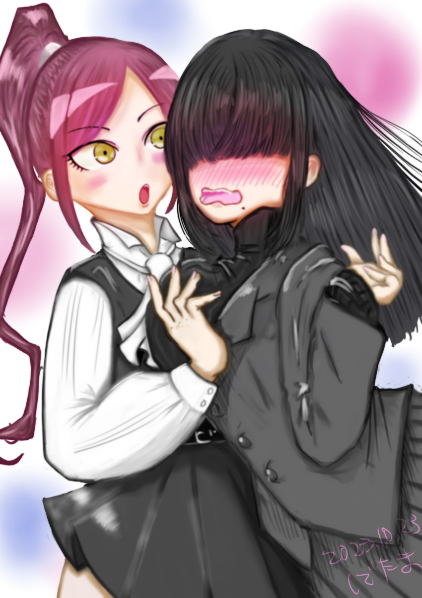 2girls absurdres artist_request black_hair blush breasts brown_hair embarrassed highres kakure_meme kimi_no_koto_ga_dai_dai_dai_dai_daisuki_na_100-nin_no_kanojo large_breasts long_hair multiple_girls school_uniform torotoro_kishika