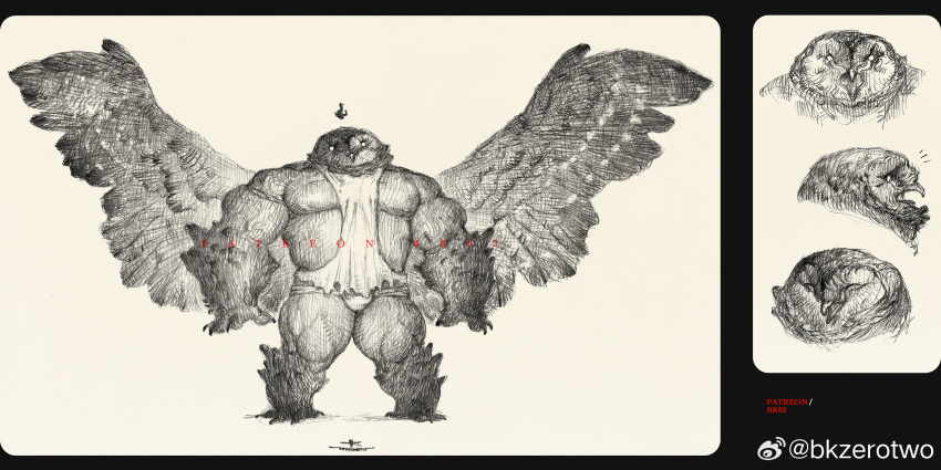 1boy bara bare_pectorals belly bk_zerotwo blank_eyes bulge full_body graphite_(medium) greyscale highres large_pectorals male_focus monochrome multiple_views muscular muscular_arms muscular_male nipples original owlbear paid_reward_available pectorals spread_wings standing thighs_together traditional_media white_background