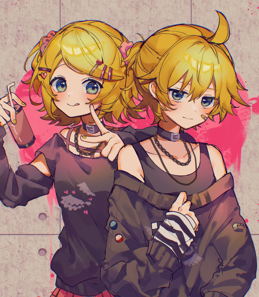 1boy 1girl ahoge badge bandaid bandaid_on_face black_choker black_tank_top blonde_hair blue_eyes blush button_badge can choker closed_mouth collarbone dated_commentary detached_sleeves drinking_straw emo_fashion graffiti hair_between_eyes hair_ornament hairclip highres holding holding_can kagamine_len kagamine_rin licking_lips long_sleeves looking_at_viewer multiple_necklaces nail_polish off_shoulder sazanami_(ripple1996) shirt short_hair smile stone_wall tank_top tongue tongue_out two_side_up upper_body v vocaloid yellow_nails