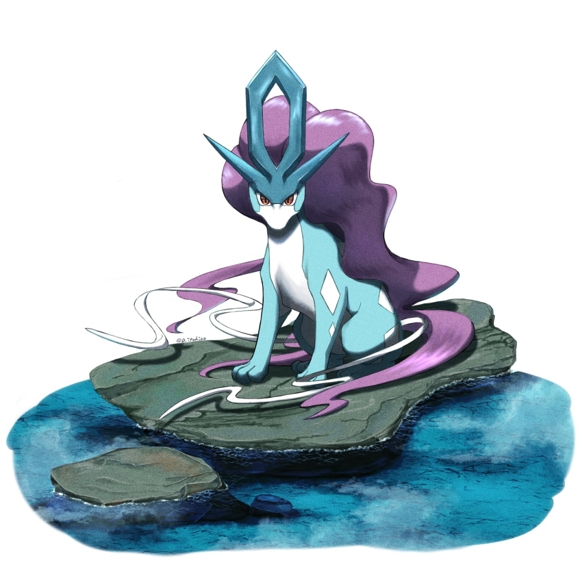 animal_focus commentary_request creatures_(company) game_freak gen_2_pokemon highres legendary_pokemon nintendo no_humans numeito pokemon pokemon_(creature) red_eyes rock simple_background sitting suicune water white_background