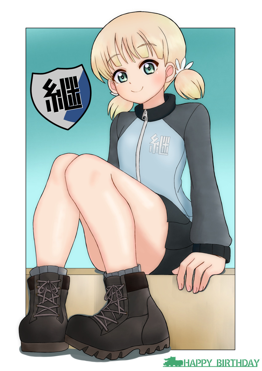 1girl absurdres aki_(girls_und_panzer) amanone_yun ankle_boots birthday black_footwear black_skirt blue_jacket boots closed_mouth commentary emblem english_text full_body girls_und_panzer green_eyes grey_socks hair_tie happy_birthday highres jacket keizoku_(emblem) keizoku_military_uniform light_brown_hair long_sleeves looking_at_viewer low_twintails military_uniform miniskirt pleated_skirt raglan_sleeves short_hair short_twintails sitting skirt smile socks solo track_jacket twintails