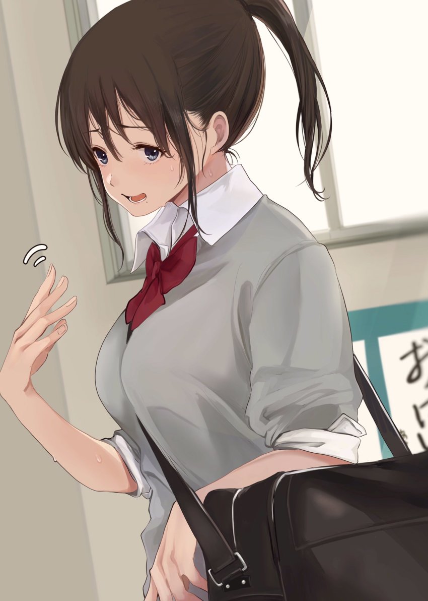 1girl akito_(d30n26) bag between_breasts blue_eyes breasts brown_hair collared_shirt commentary_request fanning_self female_focus highres hot large_breasts long_hair long_sleeves mole mole_under_mouth open_mouth original ponytail school_bag shirt sidelocks sleeves_rolled_up solo strap_between_breasts sweat sweater upper_body